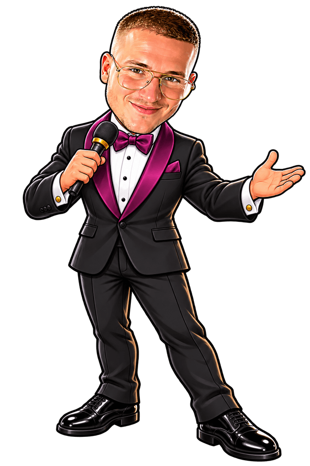 MiniMe in a black and magenta tuxedo, presenting with a microphone